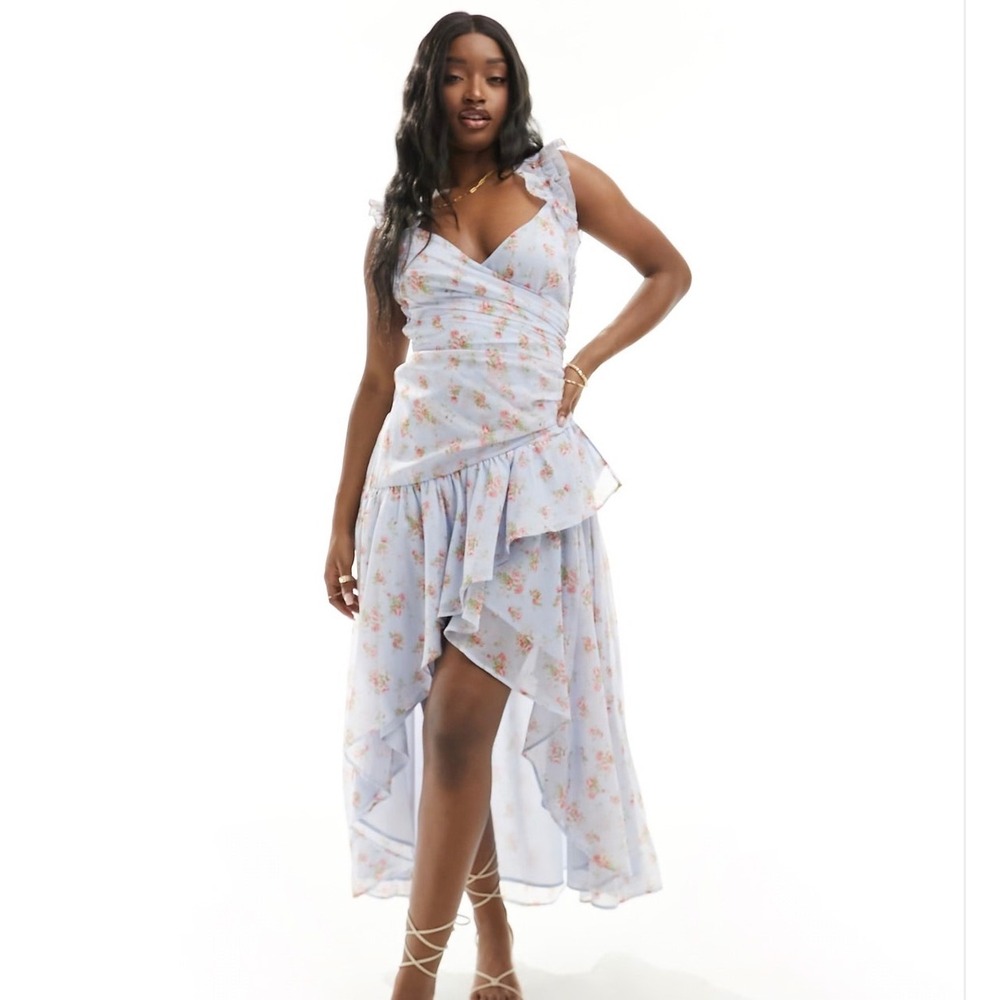 Abercrombie & Fitch Floral High-Low Maxi Dress Womens Medium Blue Ruffle Smocked